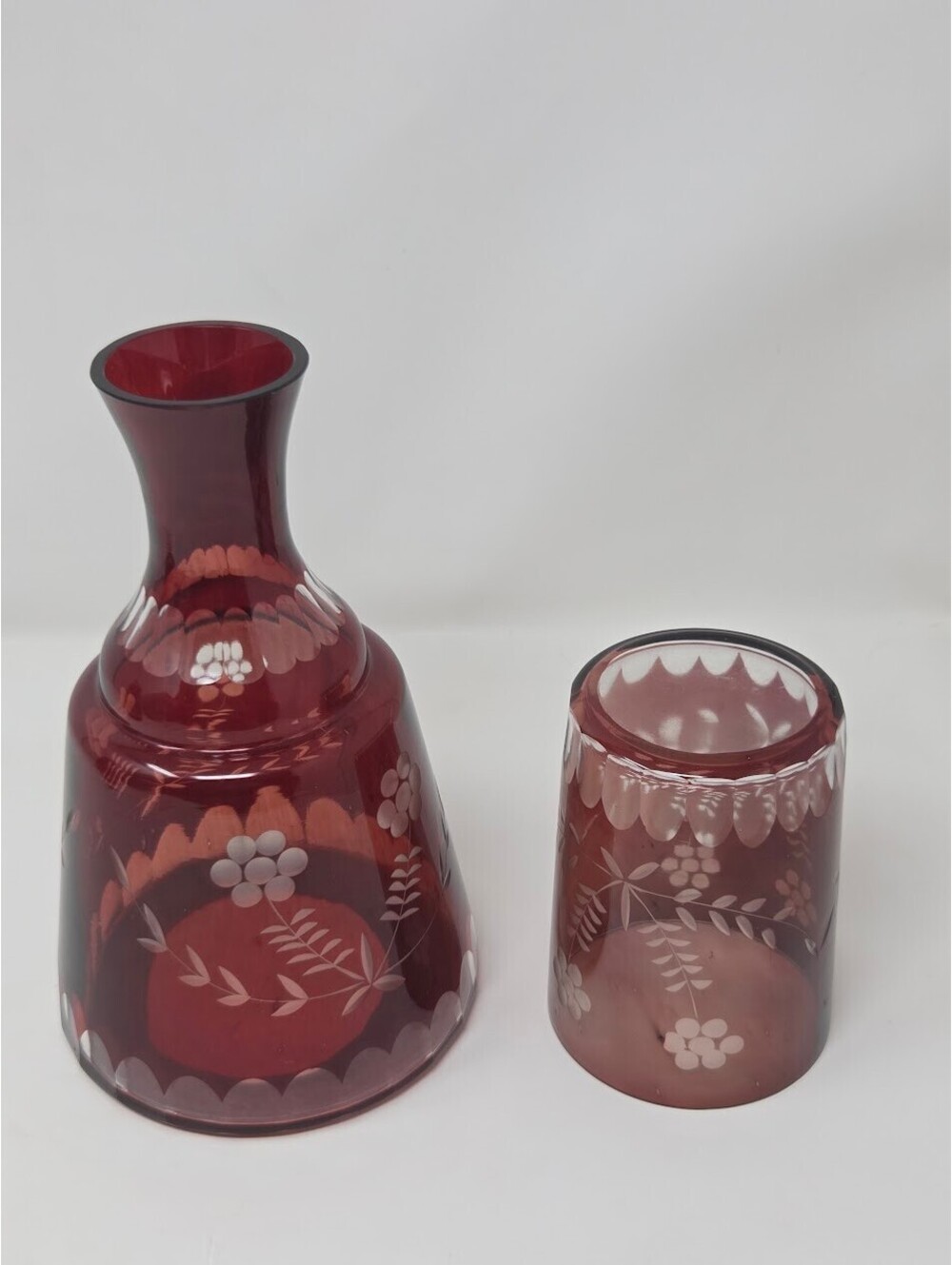 Bohemian Cranberry Cut To Clear Glass Vase And Tumbler Pair Floral Etch